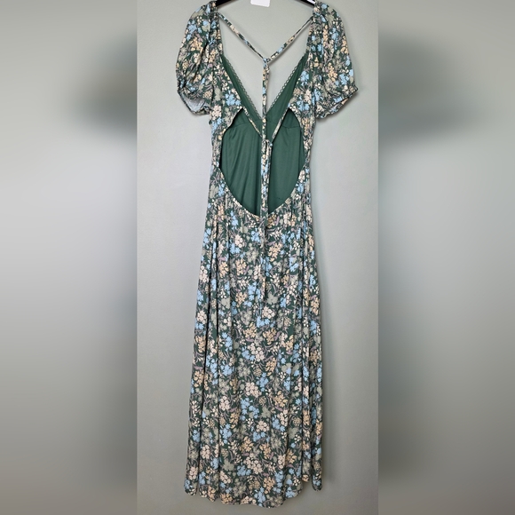 Lulus Meadow Muse XXL Green Floral Tie-Back Puff Sleeve Midi Dress, Size XXL - Picture 8 of 12